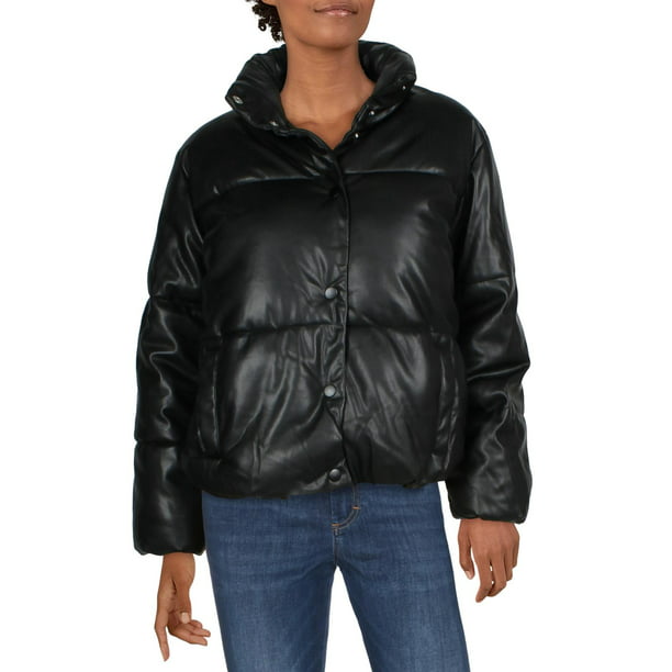 Womens Faux Leather Puffer Coat Black XS - Walmart.com
