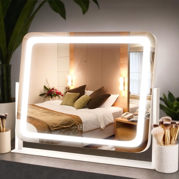 Espejo de tocador iluminado, 40 x 50 cm, espejo de tocador, 3 modos de luz, control táctil inteligente, regulable, rotación de 360°, marco rectangular blanco, con lupa de 5x