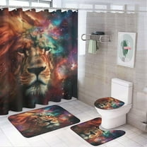 4Pcs Elegant Lion Shower Curtain Set with Toilet Lid Cover U-Shaped Mat and Non-Slip Rugs, Space Stars Animal Avatar Theme Shower Curtain Bathroom Decor Set, 72" x 72"