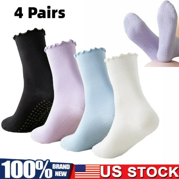 4 Pairs Ruffle Yoga Socks for Women,Cute Frilly Non-Slip Grips Socks for Pilates,Fitness ,Comfortable Mid-length Socks for Women