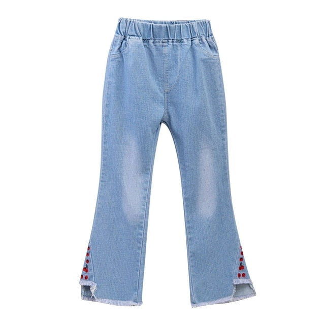 Kids Flare Jeans Bow-Knot Bell Bottom Wide Leg Denim Pants Elastic Waist Long Pants with Pockets