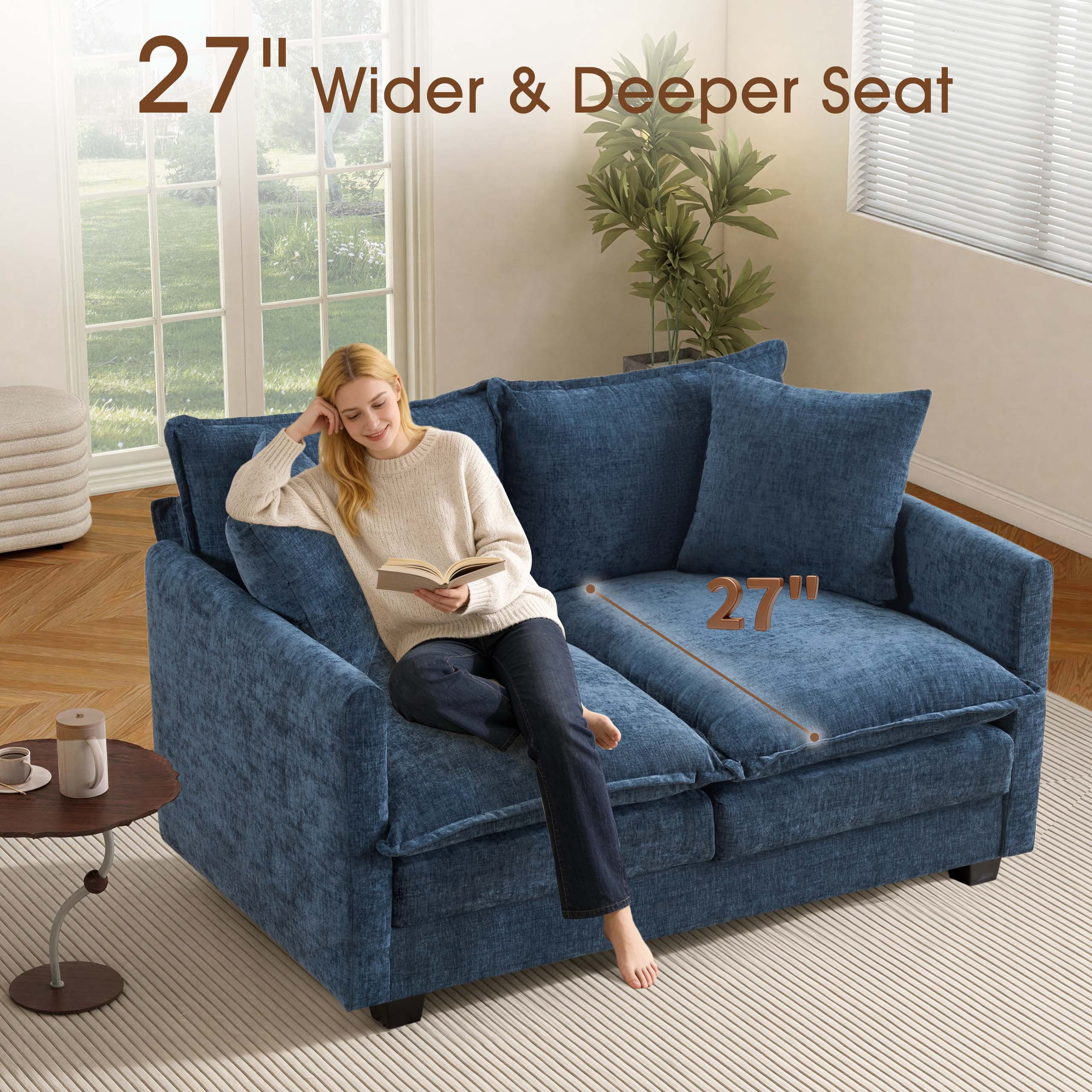 Dioepic 50" Loveseat Sofa Couch Deep Seat Chenille Fabric with 2 Pillows for Living Room and Small Spaces, Blue