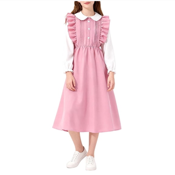 StSilkitty Girls Long Sleeve Dress Solid Color Collared A-Line Maxi Dresses Fall Lightweight Casual Clothes