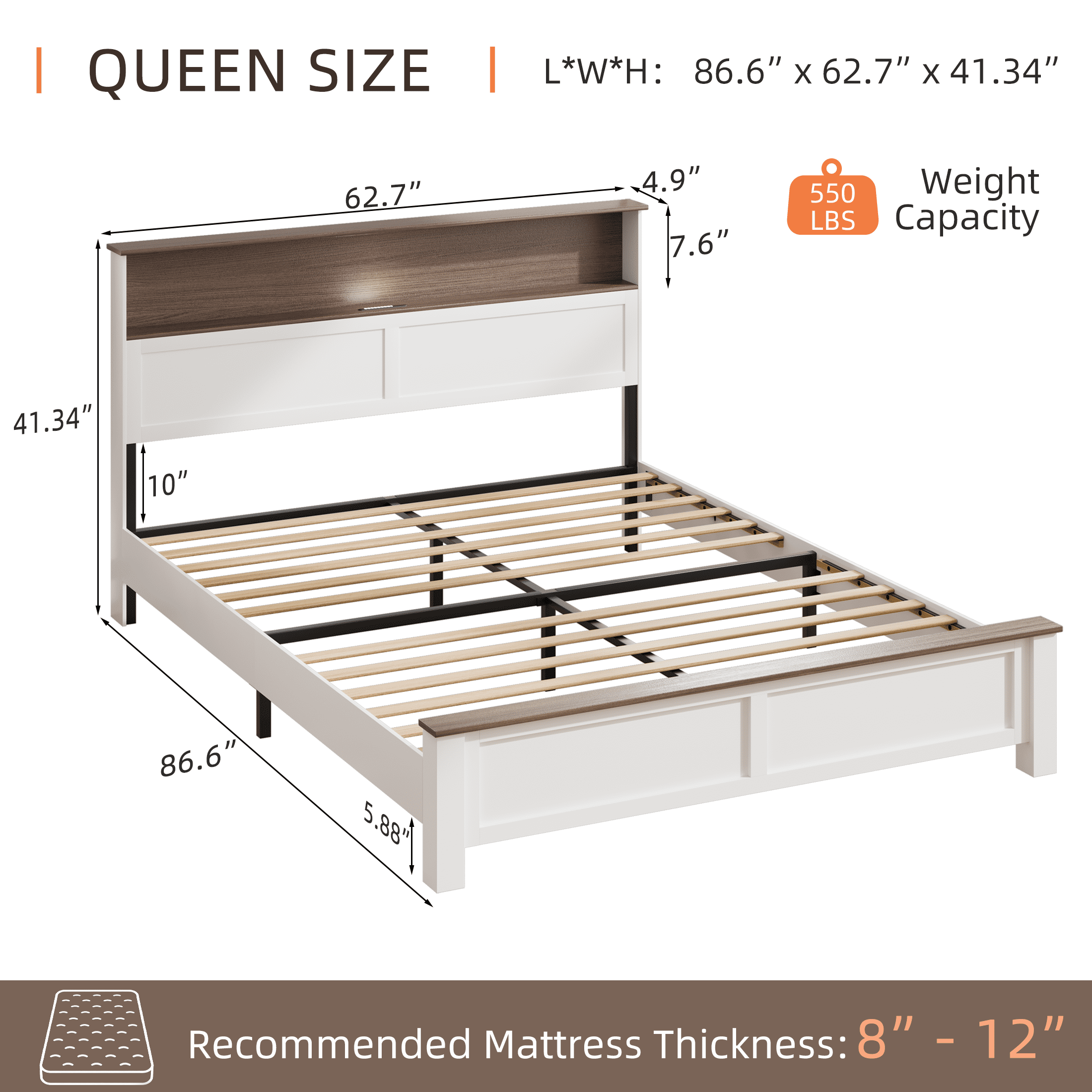 Queen Bed Frame with Storage Headboard and Charging Station, LED Queen Platform Bed with Wood Slat Support for 550lbs Weight Capacity, No Box Spring Needed, Easy Assembly, Brown and White