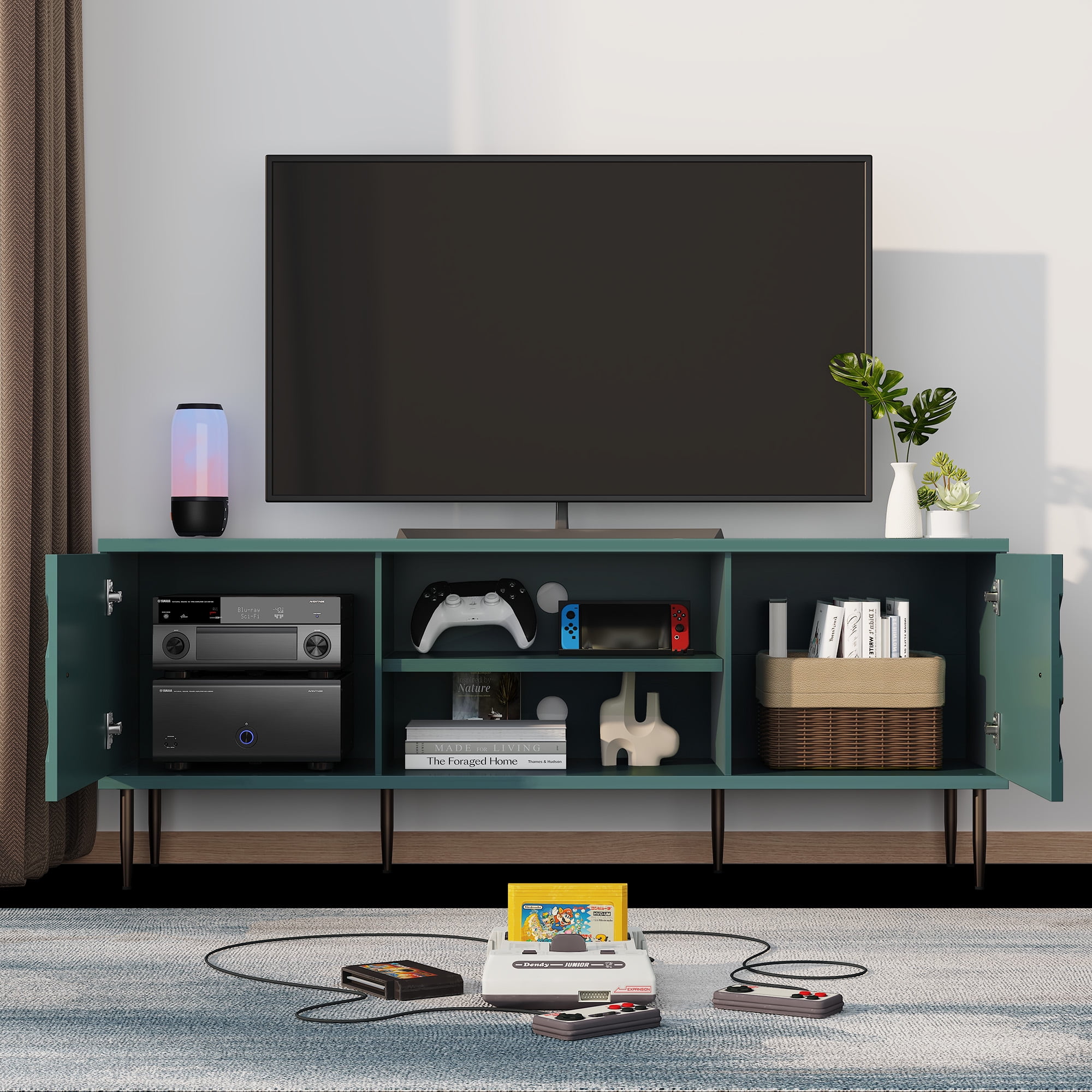 CBJCBJ Entertainment Center Console with 4 Doors and 2 Open Shelves for TV up to 75+ Inch, Green