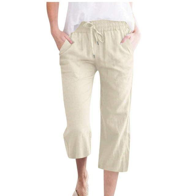 Womens Plus Size Capri Pants Plus Size Casual High Waisted Wide Leg Lounge Pants Drawstring 3/4 Solid Color Loose Palazzo Trousers With Pockets S-5X Beige