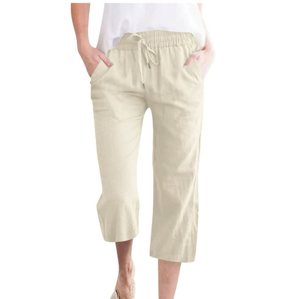 Pantalones Sueltos Capri para las Mujeres Casual Color Sólido Elástico Suelto Capris con Bolsillo, Pantalones de Poliéster Spandex, Lavado a Mano Casa Al Aire Libre
