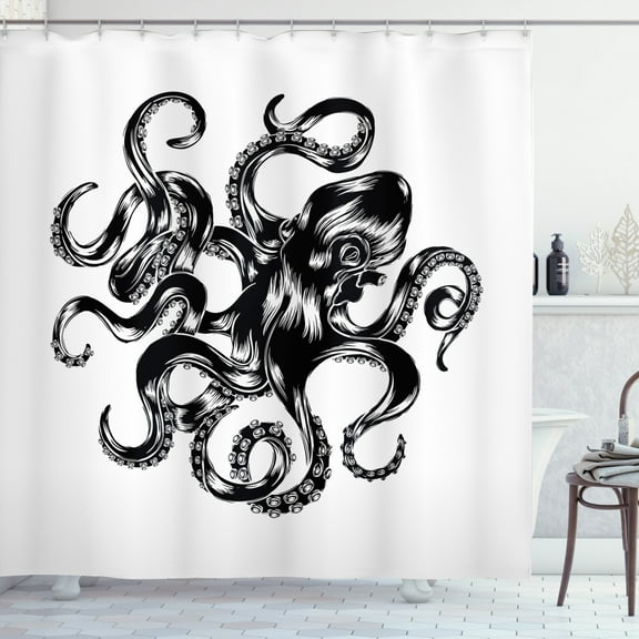 Ambesonne Octopus Shower Curtain, Sea Animal Silhouette Art, 69"Wx70"L, White Charcoal Grey