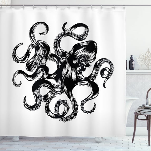 Ambesonne Octopus Shower Curtain, Sea Animal Silhouette Art, 69"Wx70"L, White Charcoal Grey