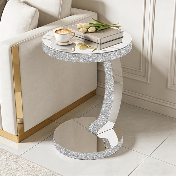 Mirrored C-Shaped Side Table, Sparkling Crushed Diamond Accent Table, Modern Glitter End Table for Sofa, Couch, Living Room, Bedroom, Small Space, Easy to Clean
