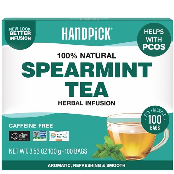 HANDPICK Spearmint Tea Bags (100 Herbal Tea Bags) |Refreshing Mint Tea | Non-GMO | Round Eco-Conscious Teabags