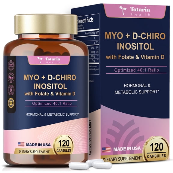 Totaria Myo-Inositol & D-Chiro Inositol Capsules Supplement for Hormonal Balance and Ovarian Support, Vegan, 120 Capsules