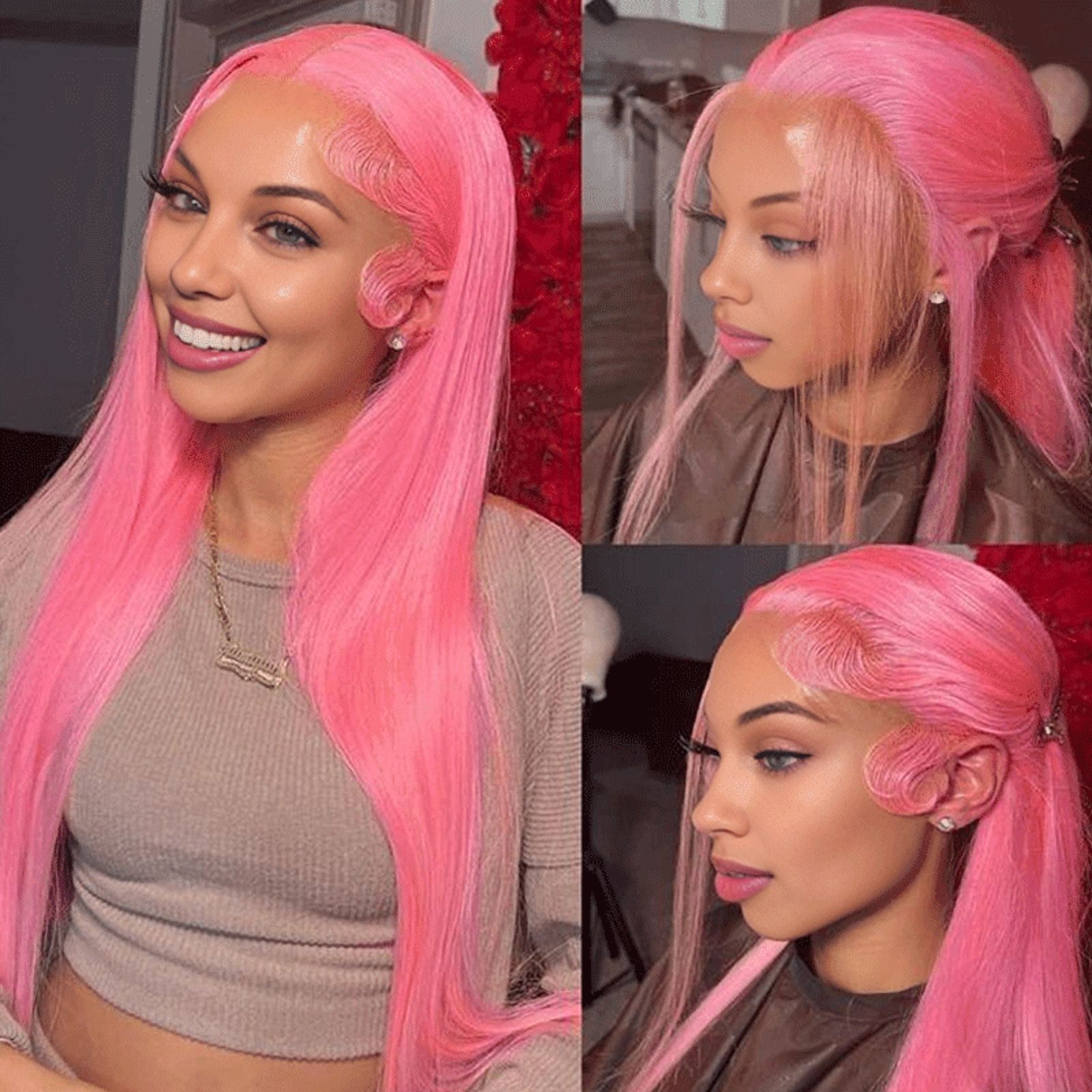 Rose Pink Colored 13x4 Lace Front Wig Straight Brazilian Remy Human Hair Wigs Preplucked Natural Hairline High Density Elegant Hairstyle For Women Daily&Birthday&Wedding Use Wig 180 Density 16 Inch