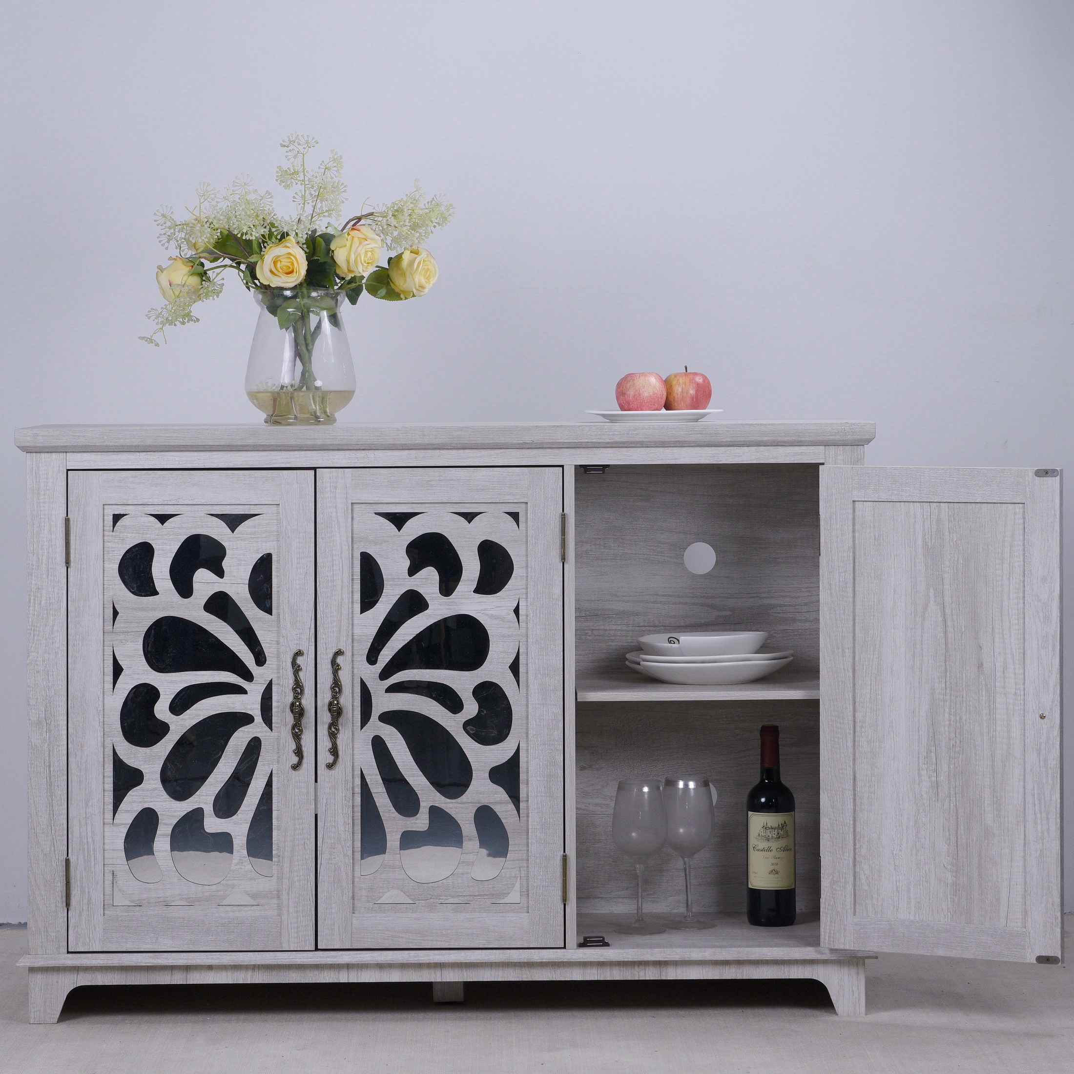 GDF Studio Danus 3-Door Acrylic Mirrored Sideboard Cabinet, Rustic Hollow-Carved Storage Cupboard for Kitchen, Light Gray
