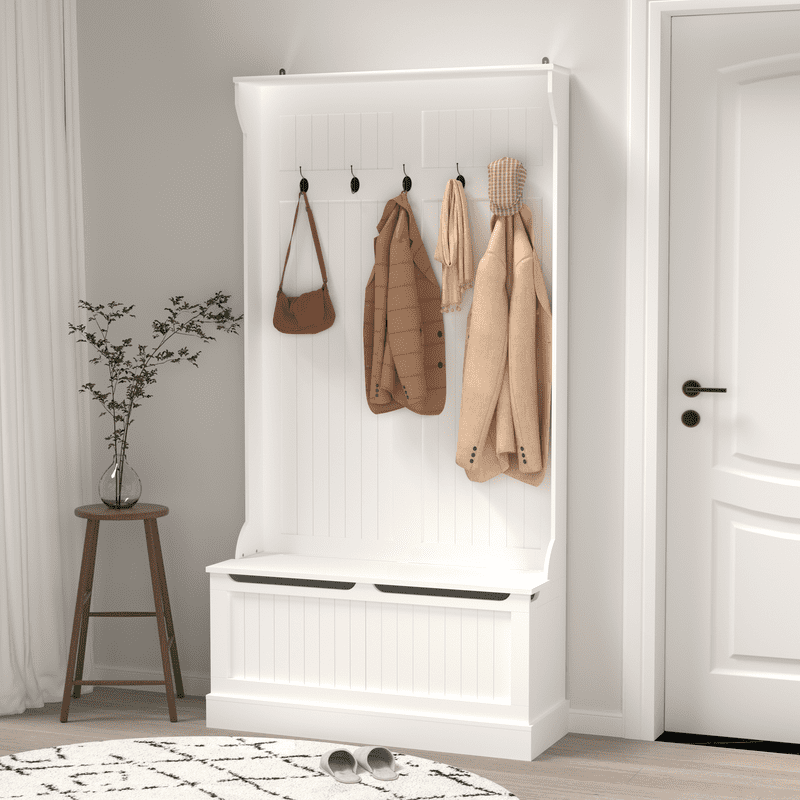 Hall Tree with Shoe Storage Bench & 5 Hooks,Coat Rack with Hidden Storage, Standing Entryway Organizer for Mudroom, Living Room,White