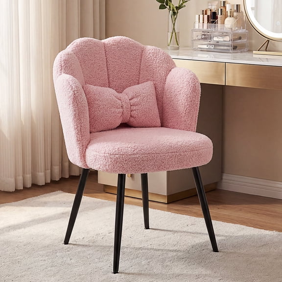 Romorgniz Petal Vanity Chair Small Makeup Vanity Stool Comfy Accent Chair with Bow Pillow Cute Teddy Fleece Desk Chair for Living Room, Make Up Room, Bedroom, Pink