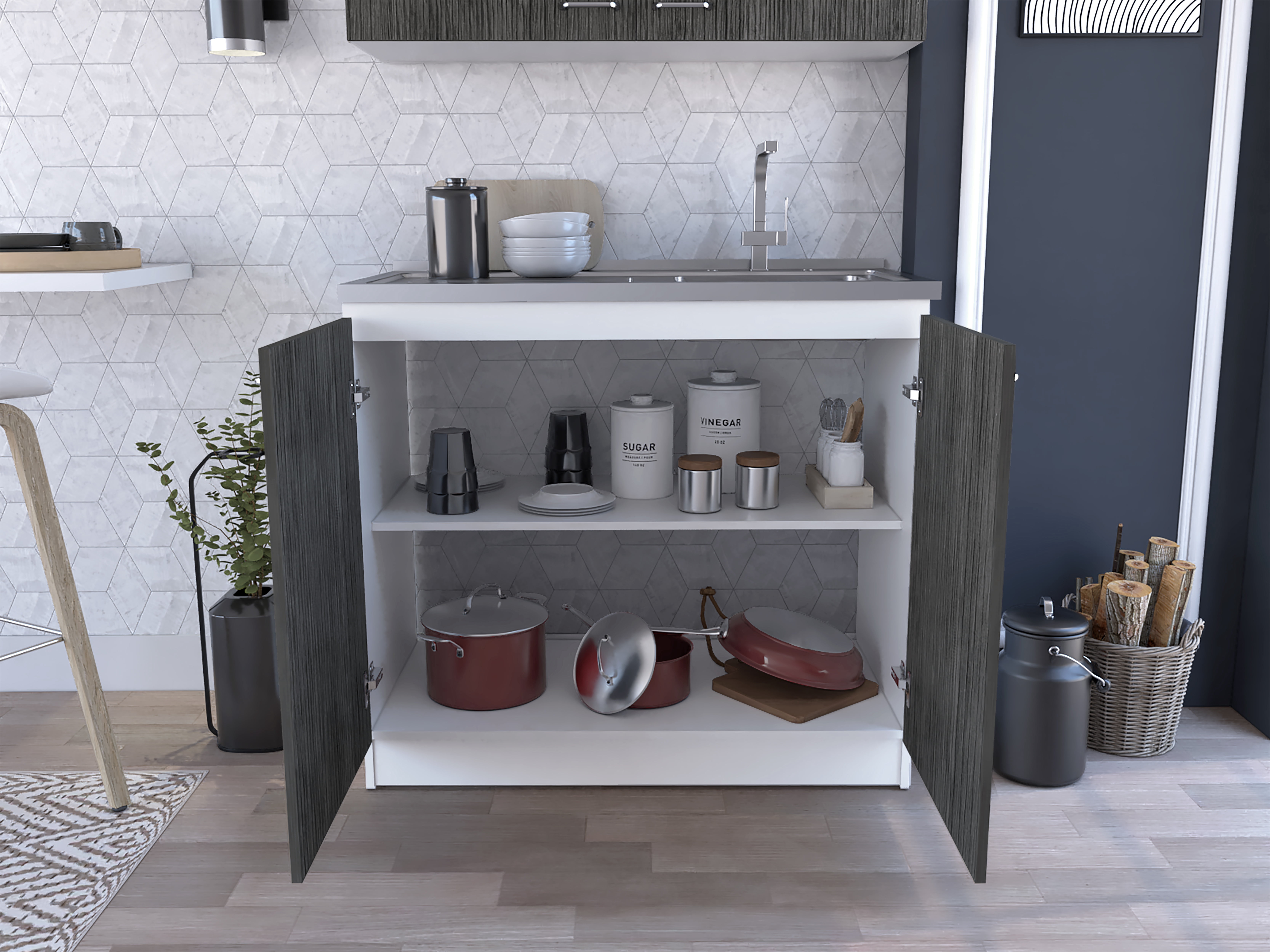 Izzovium Brookeline Rectangle 2-Door Utility Sink and Cabinet with Stainless Steel Sink, 35.4" H x 39.3" W x 20.5" D, White and Smokey Oak for Kitchen, Laundry, or Garage