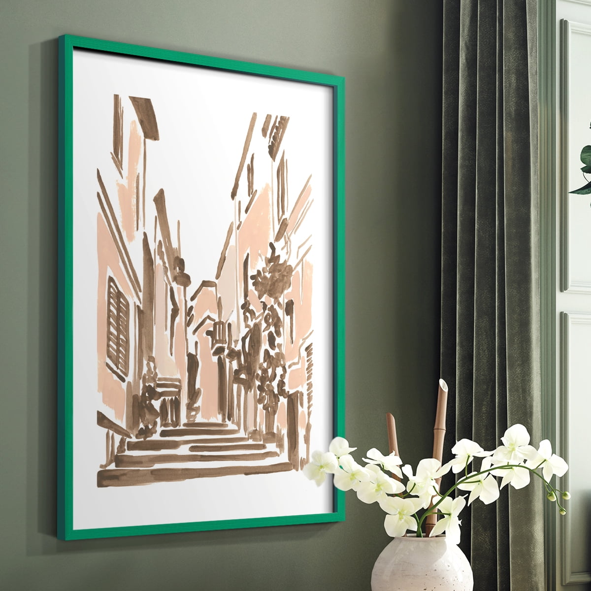 Blush Architecture Study I Framed Print in Green Solid Wood Framed Print No Nail Hanging