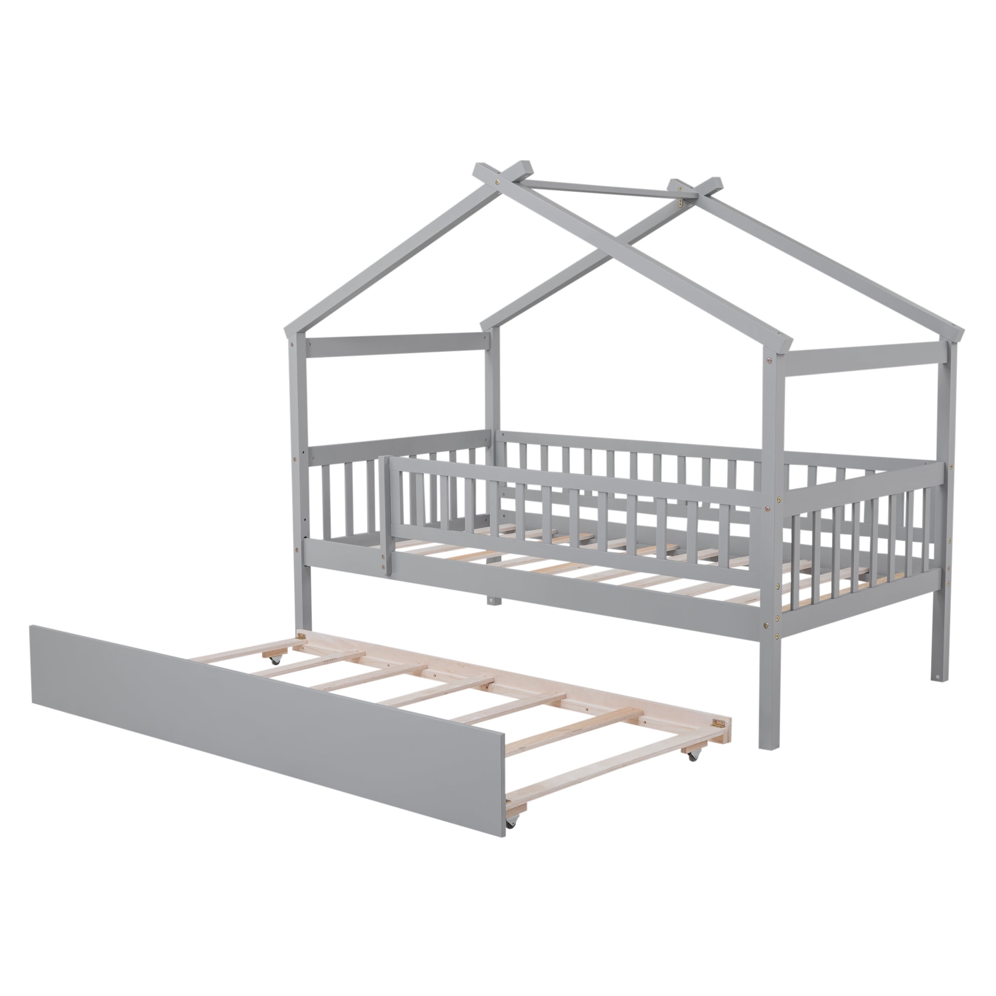 Euroco Twin Size House Bed with Trundle, Canopy Low Profile Bed for Kids, Gray