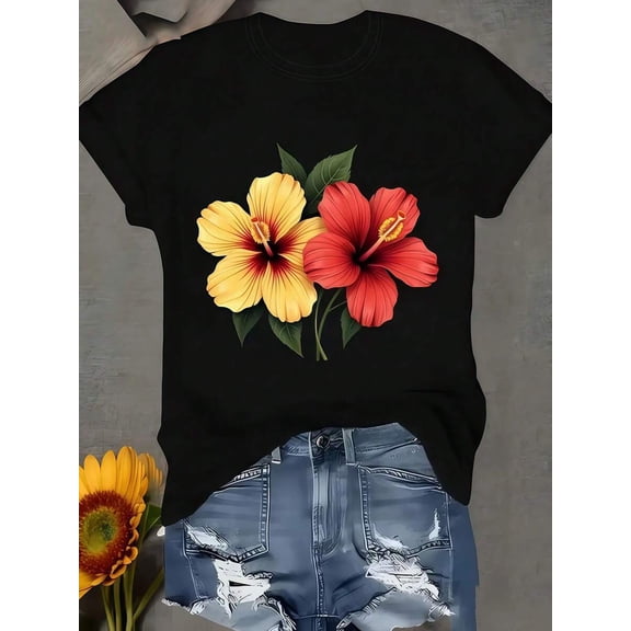【New Arrival】Red Yellow Hibiscus Flower Graphic T-Shirt, Women Tropical Floral Casual Short Sleeve Tee