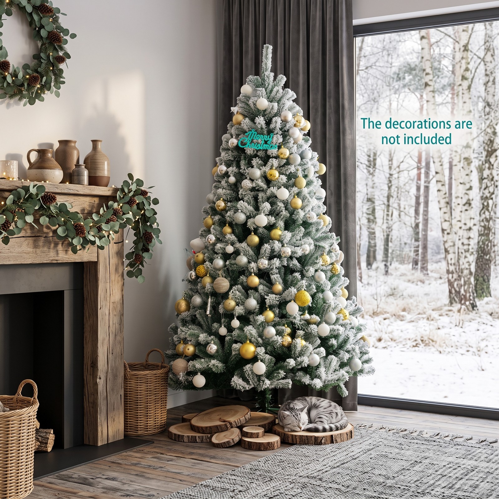RUIE 6 FT Pre-Lit Snow Flocked Christmas Tree, Artificial Hinged Xmas Tree with 928 Branch Tips, 650 Warm White LED Lights and Foldable Metal Stand for Holiday, Green