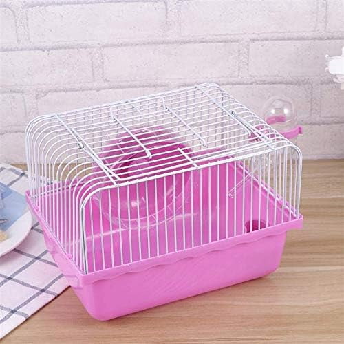 Small Pet Hamster Cage with Running Wheel Water Bottle Food Basin Portable Carrier House Mice Home Habitat for Going Out, Traveling (Pink)