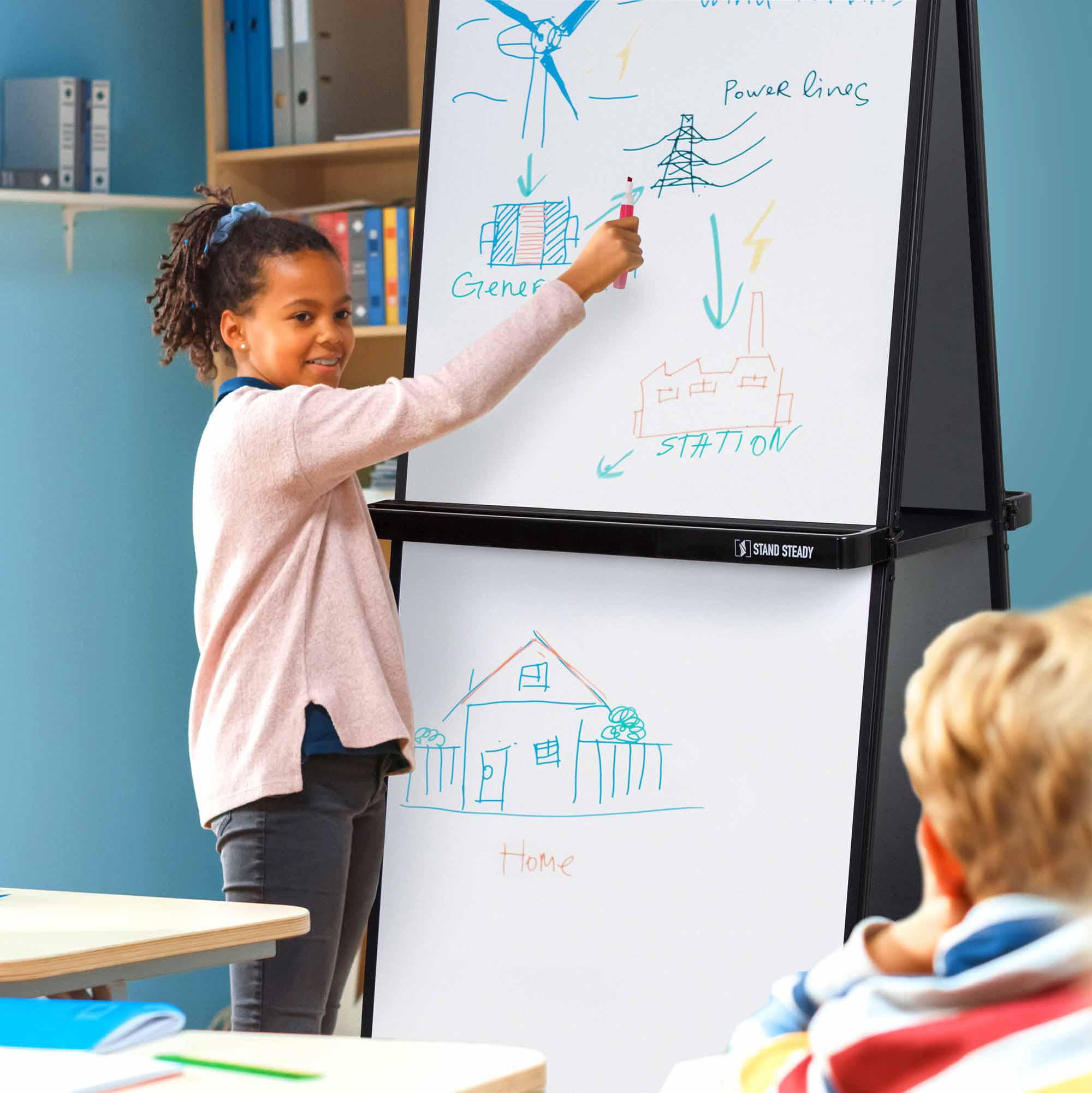 Stand Steady Mobile Whiteboard | Double-Sided Magnetic Dry Erase Board on Wheels | Extra Tall 74 Inch Easel White Board | Portable White Board with Built-In Storage Shelves (74in x 31in)