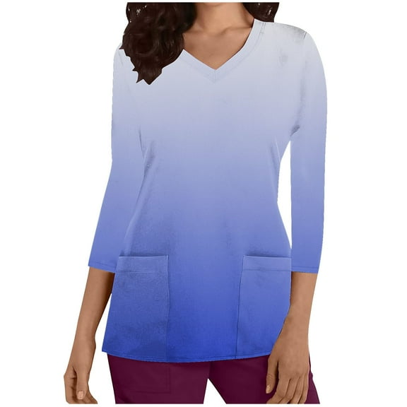 Aofany Top for Women, Scrubs Tops with Pocket for Women, 3/4 Sleeve V-neck Nurse Tops Gradient Working Uniform Blouse Working Tops