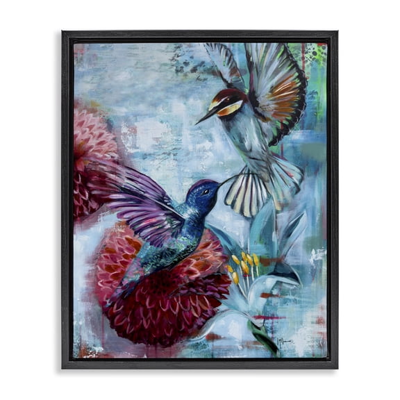 Stupell Industries Eclectic Hummingbirds & Dahlias Black Floating Frame Canvas Art, 17 x 21, by Linda McClure