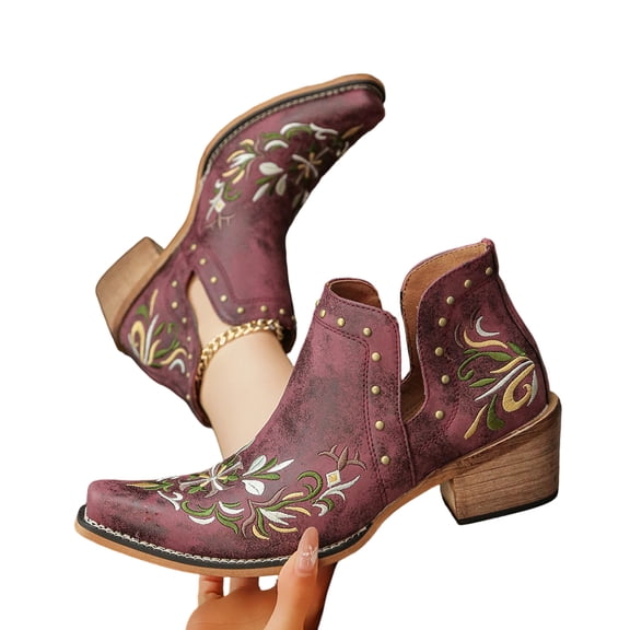 SACFOF Cowboy Boots for Women Western Flower Embroidered Ankle Cowgirl Boots Snip Toe Chunky Heel Stitched Retro Classic Boot