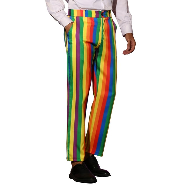 Striped Dress Pants for Men's Regular Fit Flat Front Color Block Rainbow  Stripe Trousers Rainbow Green 36 