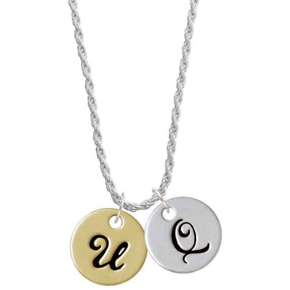 Delight Jewelry Goldtone Large Disc Letter - U - 3/4'' Silvertone Script Initial Disc - Q - Charm Necklace, 20"+3"