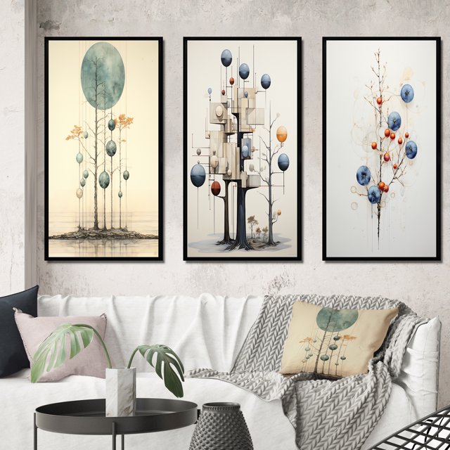 Designart "Vintage Illustration Geometric Tree of Wisdom II" Modern Geometric Framed Wall Art Set Of 3 - Blue Abstract Frame Gallery Set For Office Decor