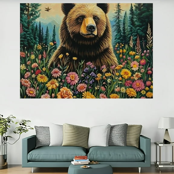 ZFLMY Bear Flowers Trees Tapestry Wall Hanging 100% Polyester Decorative Wall Hanging for Bedroom Living Room Decoration 60x40in