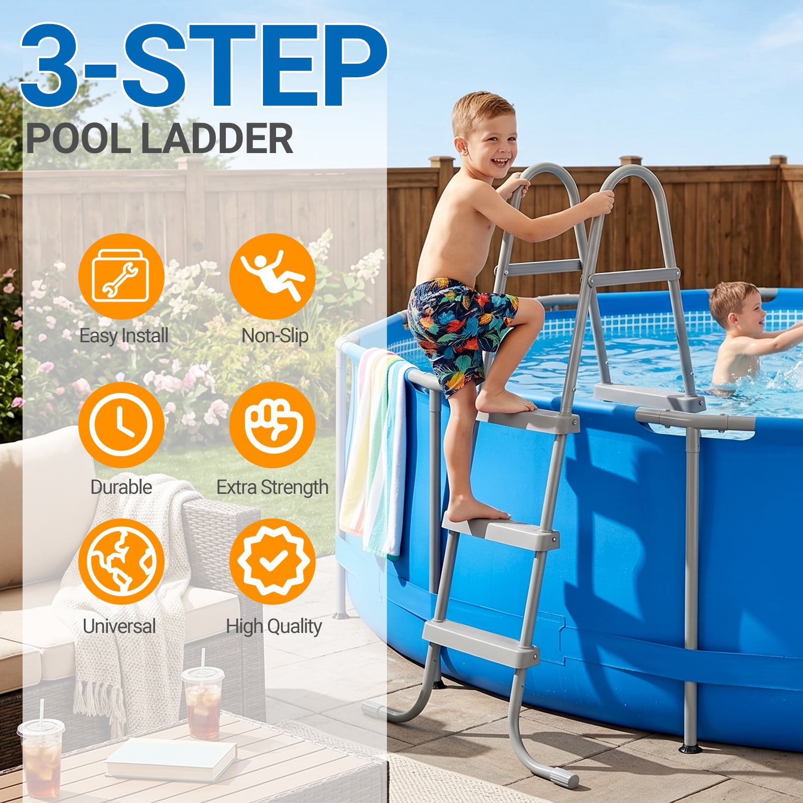 Ktaxon 3-Step 43" Steel Above Ground Pool Ladder, Heavy Duty Non-Slip, Gray