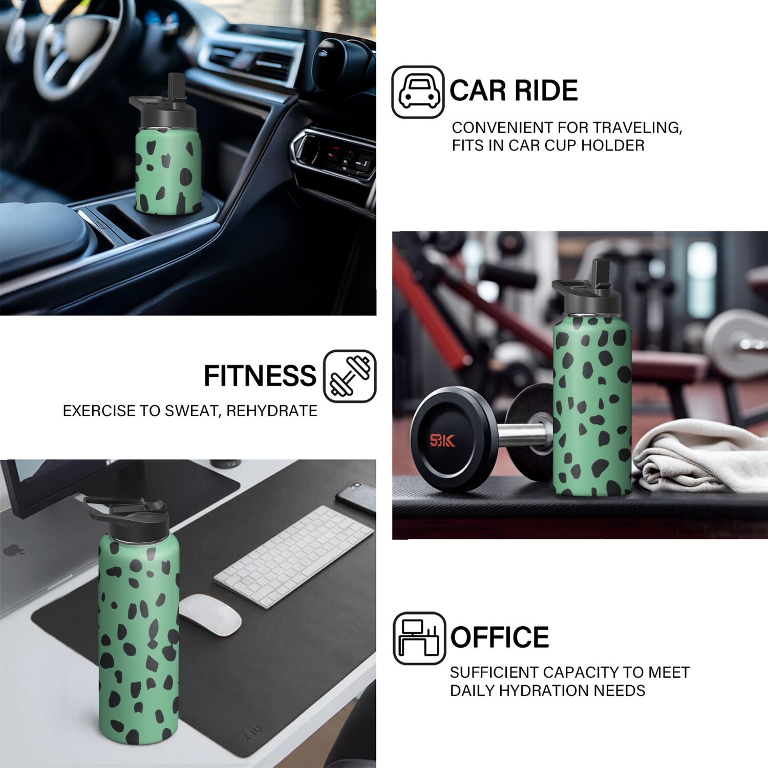 Leopard Print Insulated Stainless Steel Water Bottle with Straw & Cleaning Brush – 18 Oz | Leakproof, BPA-Free, 304 Stainless Steel, Wide Mouth, Travel Mug for Car, Gym, Office