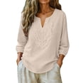 thumbnail image 3 of Women's Cotton Linen 3/4 Sleeve V Neck Lace Blouse Loose Fit Casual, 3 of 7