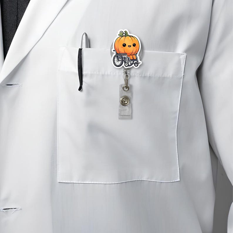 TiniDecor Cute Pumpkin Wheelchair Badge Reel, Retractable ID Holder, Fall Nurse Gift