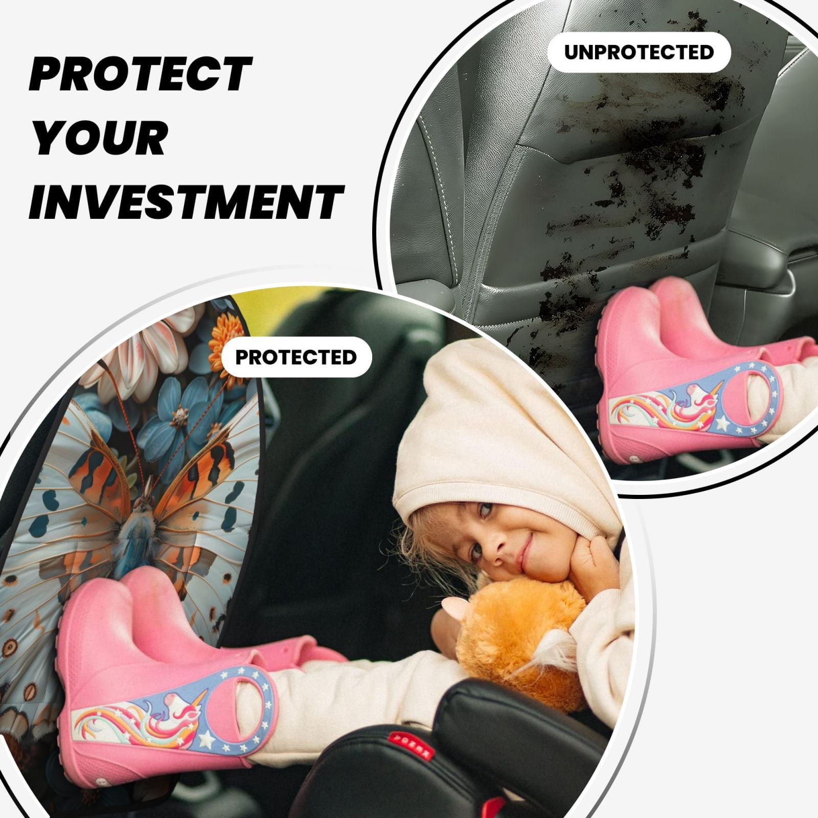 Xecao Butterfly and Bloom Beauty Pattern Car Seat Back Protector 2 Pack Large Capacity Pocket, Kick Mats Back Seat Protector