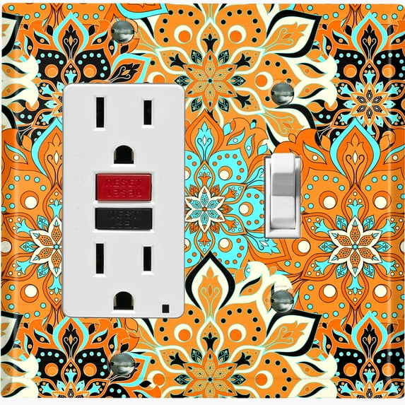 Metal Light Switch Plate Cover Orange Teal Flower Mandala Tile Pattern MDL017