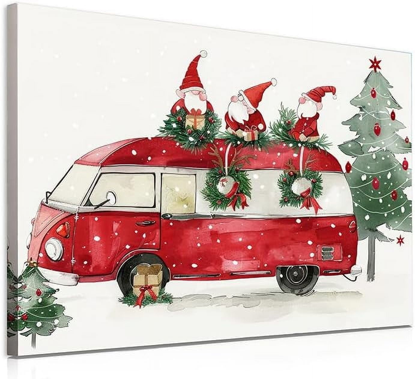 Christmas Gnome Bus Canvas Wall Art - Winter Snowing Christmas Painting - Framed 12 X 16 Inch Small Cute Christmas Pictures for Bathroom Kitchen Kids Room Home Office Decorations - Aesthetic Holiday
