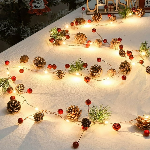 Luces de piñas navideñas, guirnalda navideña de 3 m con frutos rojos, campana y hada de agujas