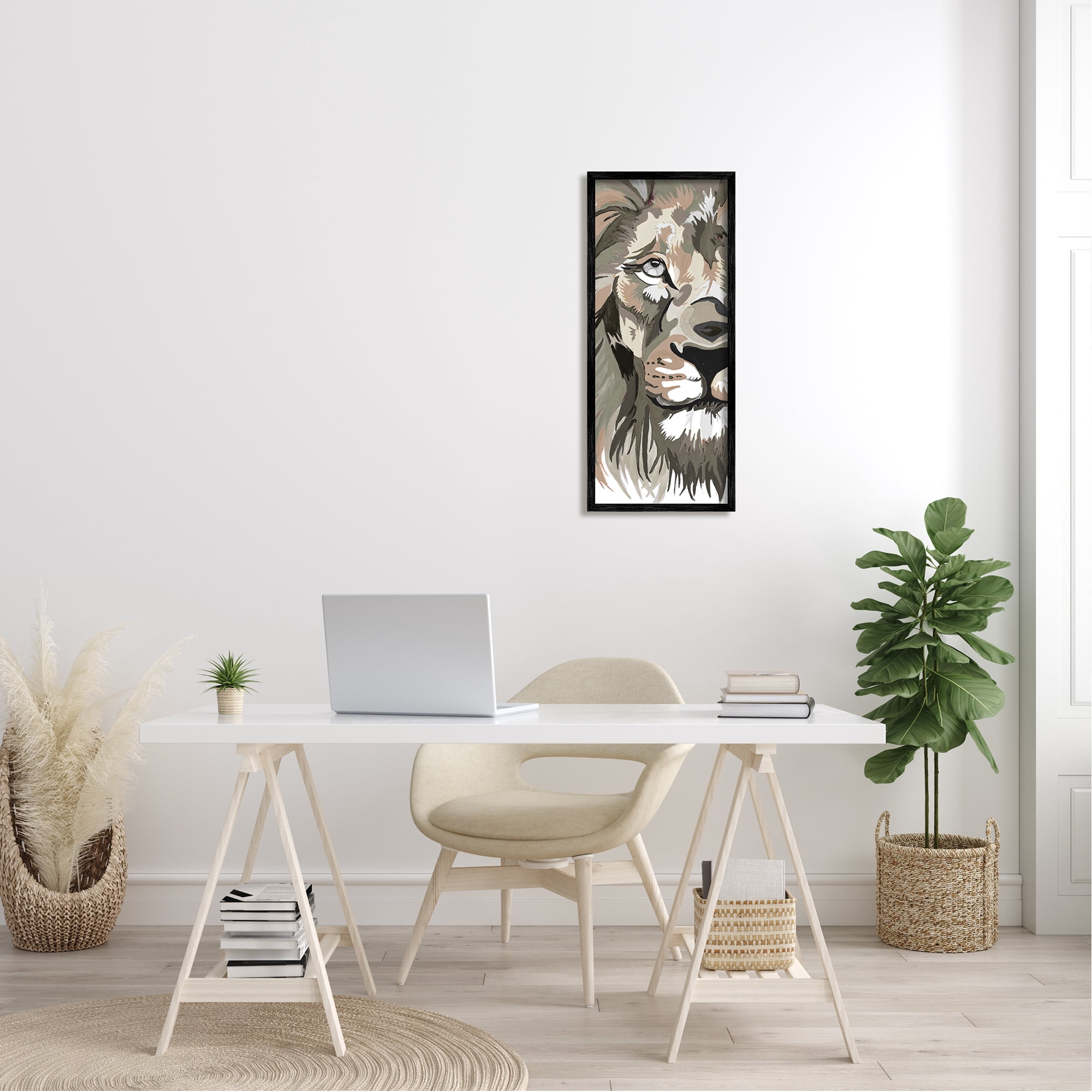 Stupell Industries Muted Lion Face Portrait Animals & Insects Painting Black Framed Art Print Wall Art, 13 x 30