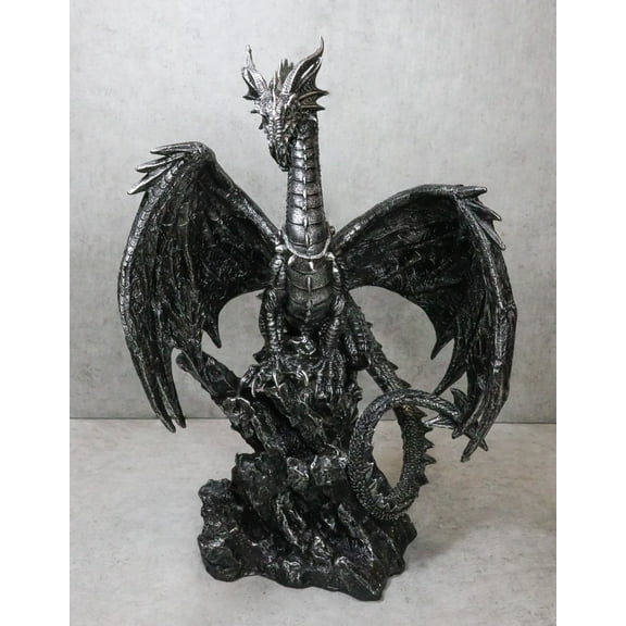 Large 22" H Quicksilver Cave Stone Behemoth Dragon Perching On Rocks Statue