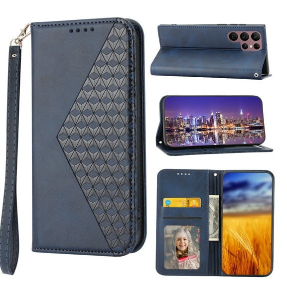 Mantto Wallet Phone Case for Samsung Galaxy S22 Ultra 5G (6.8 inch),for Women Men,Premium PU Leather Magnetic Closure Flip Cover Credit Card Slots Kickstand Protective Case with Wrist Strap,Blue