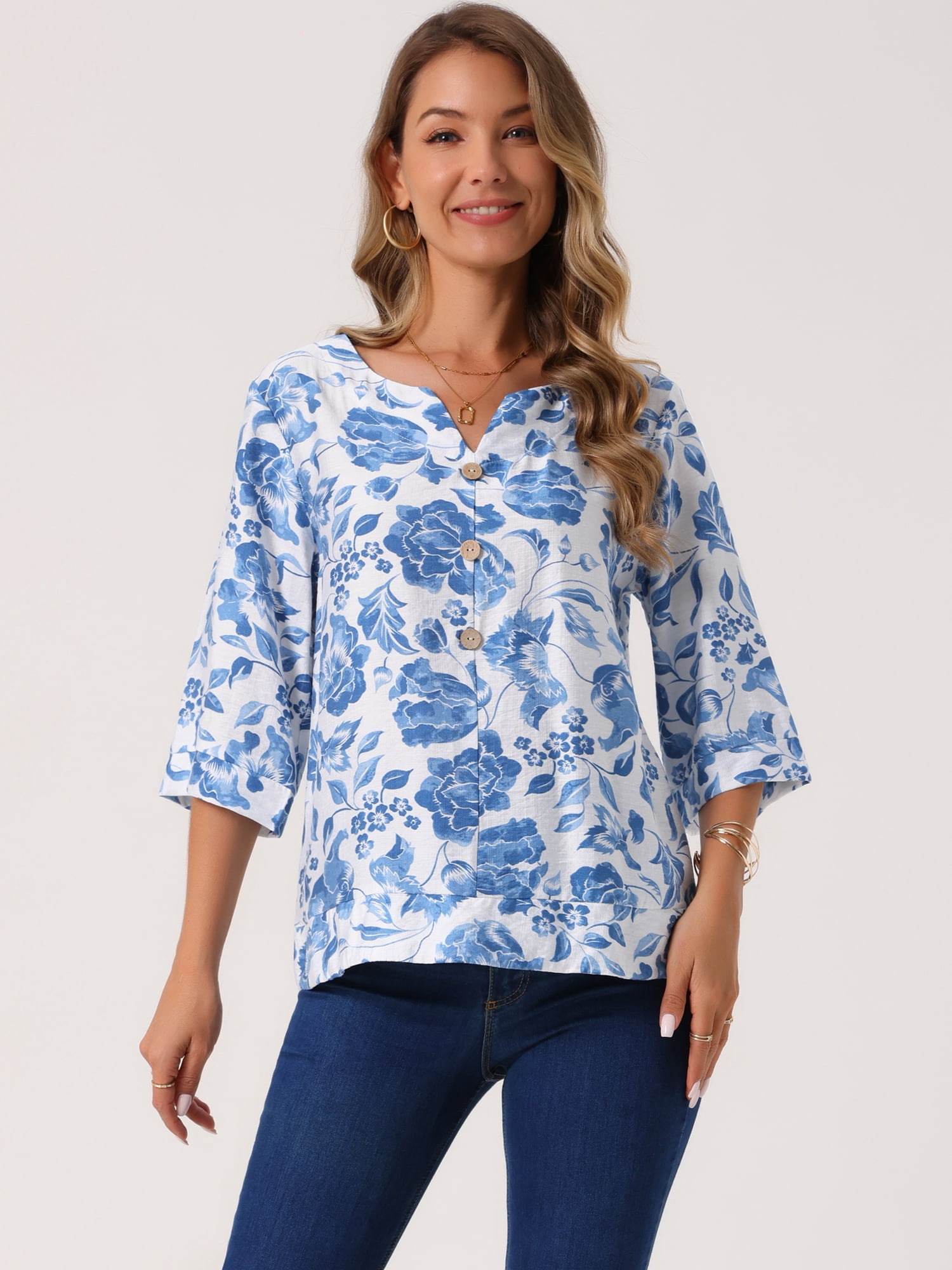 DARING DIVA Women's 3/4 Sleeve V Neck Boho Floral Button Decor Blouses S Blue