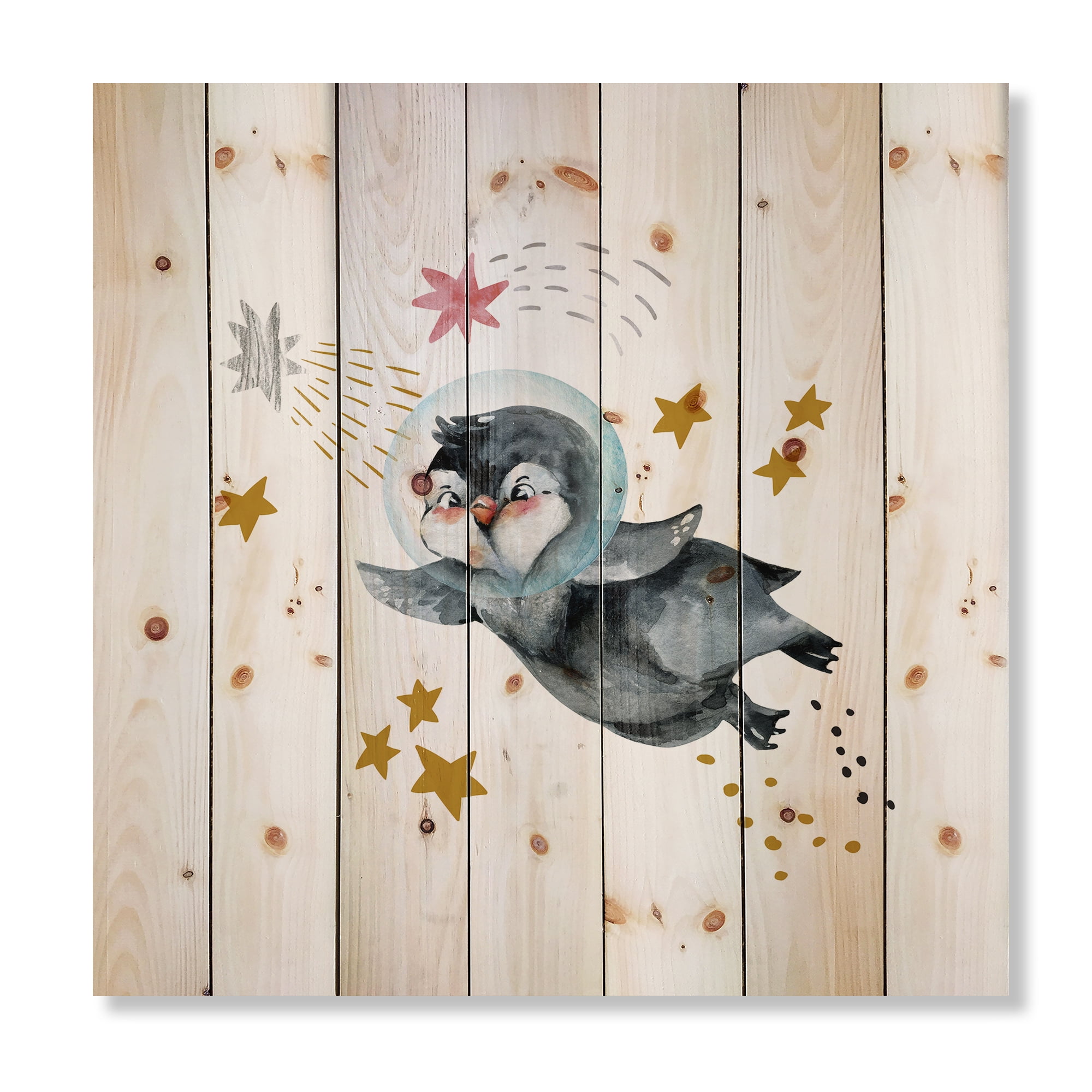 Designart 'Little Penguin Flying Planets and Stars I' Farmhouse Print on Natural Pine Wood