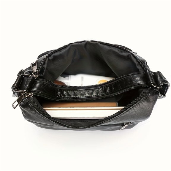 YOGAMA Black Retro Crossbody Bag, Multi-Pocket Shoulder Bag with Adjustable Strap, Large Capacity Solid Color Crossbody Handbag with Heart-Shaped Decoration, Stylish Casual Everyday Bag