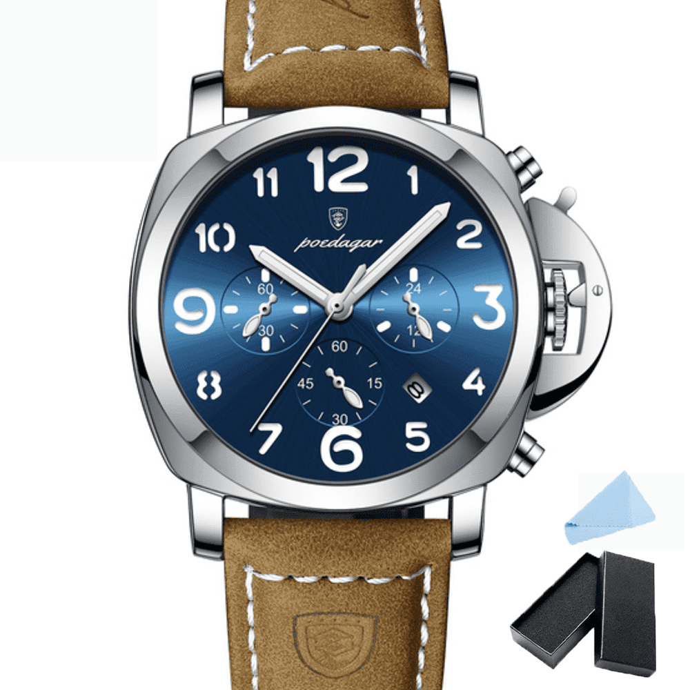 Poedagar Leather Strap Men's Luxury Sports Waterproof Luminous Date Chronograph Quartz Watch