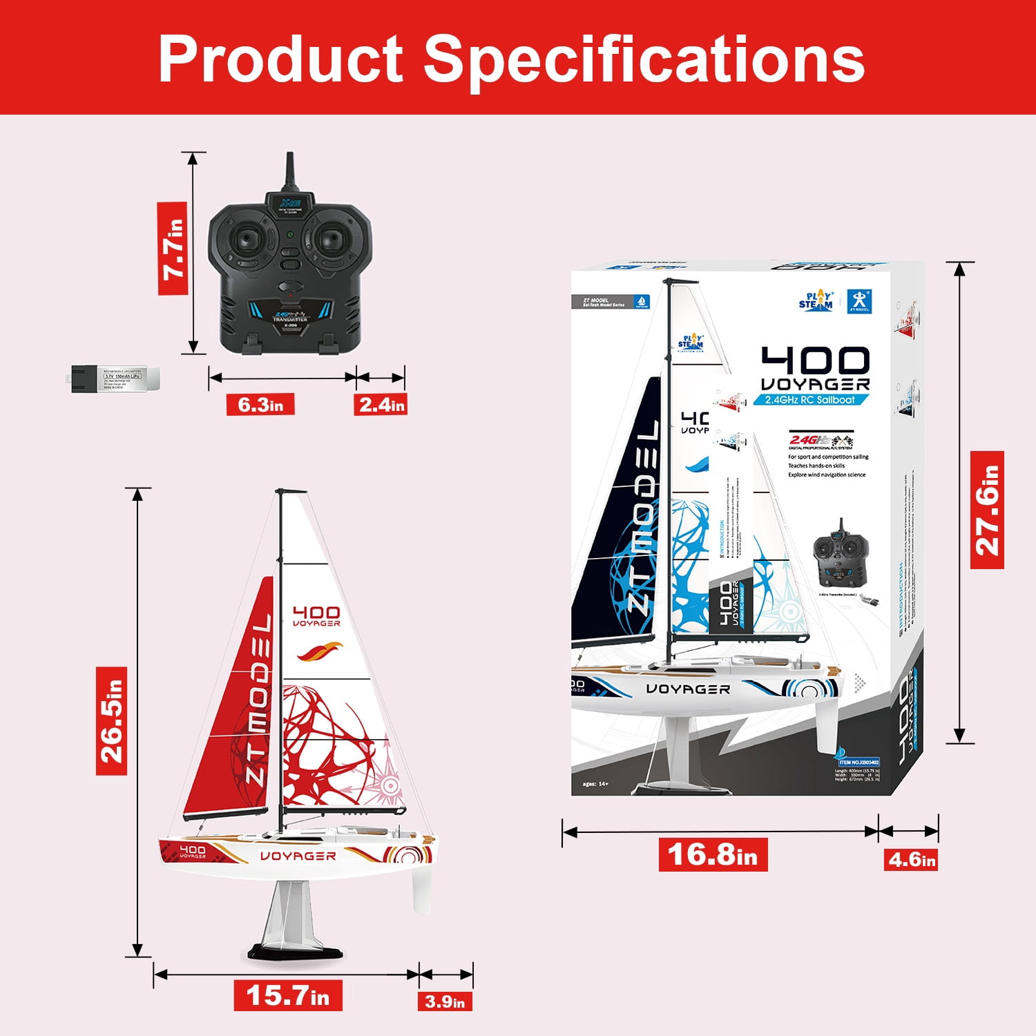 PLAYSTEAM Voyager 400 2.4GHz RC Sailboat, Wind-Powered Remote Control Model Boat, STEM Educational Water Toy with Adjustable Sail & Rudder for Pool & Lake, Red
